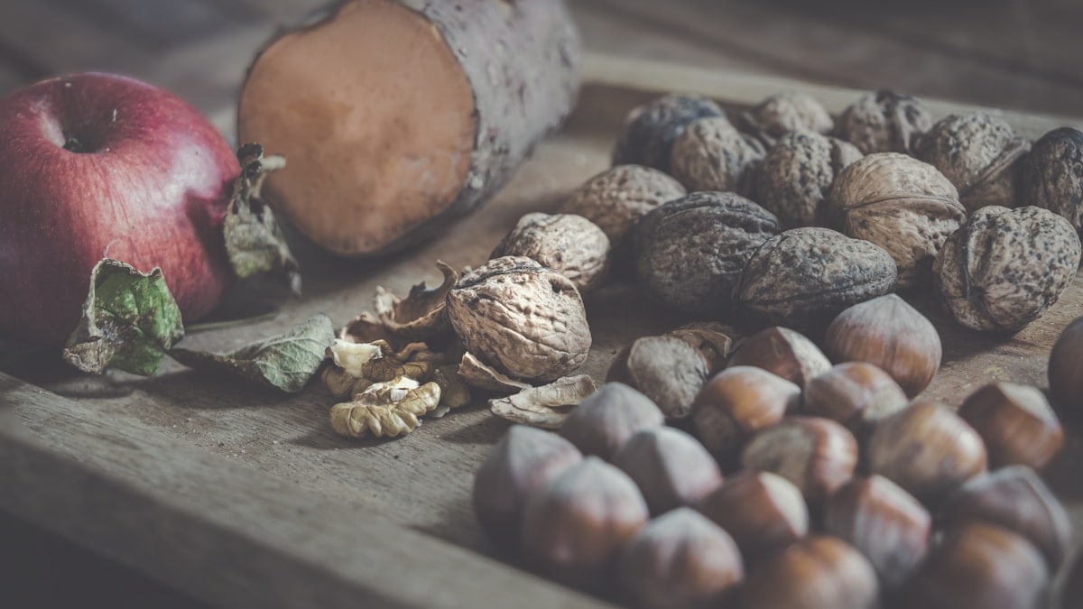 Pomme, patate douce, noix, noisette.